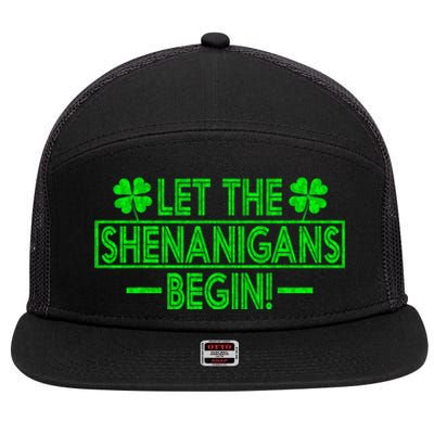 Let The Shenanigans Begin retro Clovers St Patrick's Day 7 Panel Mesh Trucker Snapback Hat