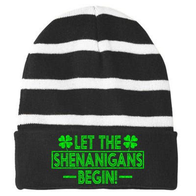 Let The Shenanigans Begin retro Clovers St Patrick's Day Striped Beanie with Solid Band