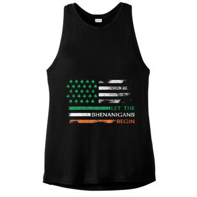 Let The Shenanigans Begin St Patrick Day Irish American Flag Ladies PosiCharge Tri-Blend Wicking Tank