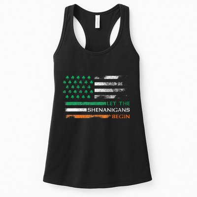 Let The Shenanigans Begin St Patrick Day Irish American Flag Womens Tank Top