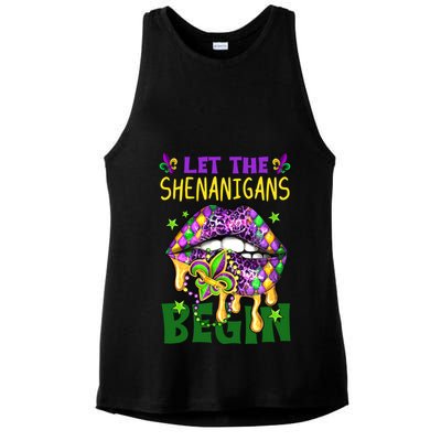 Let The Shenanigans Begin Mardi Gras Lips Ladies PosiCharge Tri-Blend Wicking Tank
