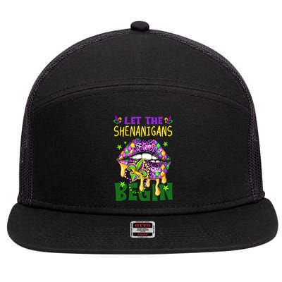 Let The Shenanigans Begin Mardi Gras Lips 7 Panel Mesh Trucker Snapback Hat