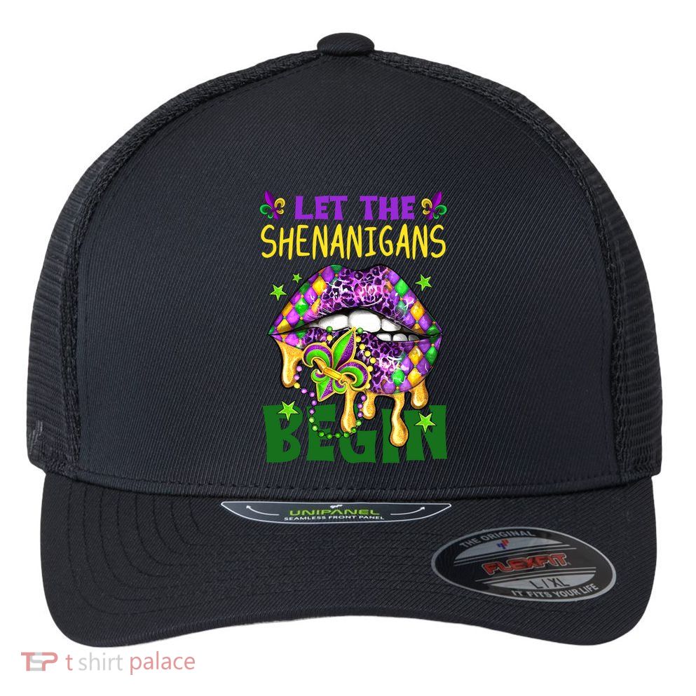 Let The Shenanigans Begin Mardi Gras Lips Flexfit Unipanel Trucker Cap