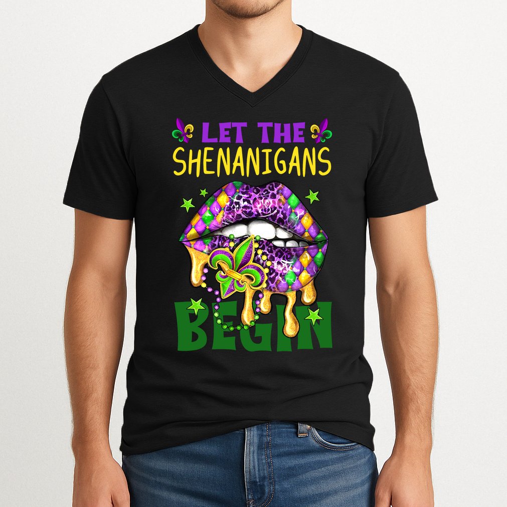 Let The Shenanigans Begin Mardi Gras Lips V-Neck T-Shirt