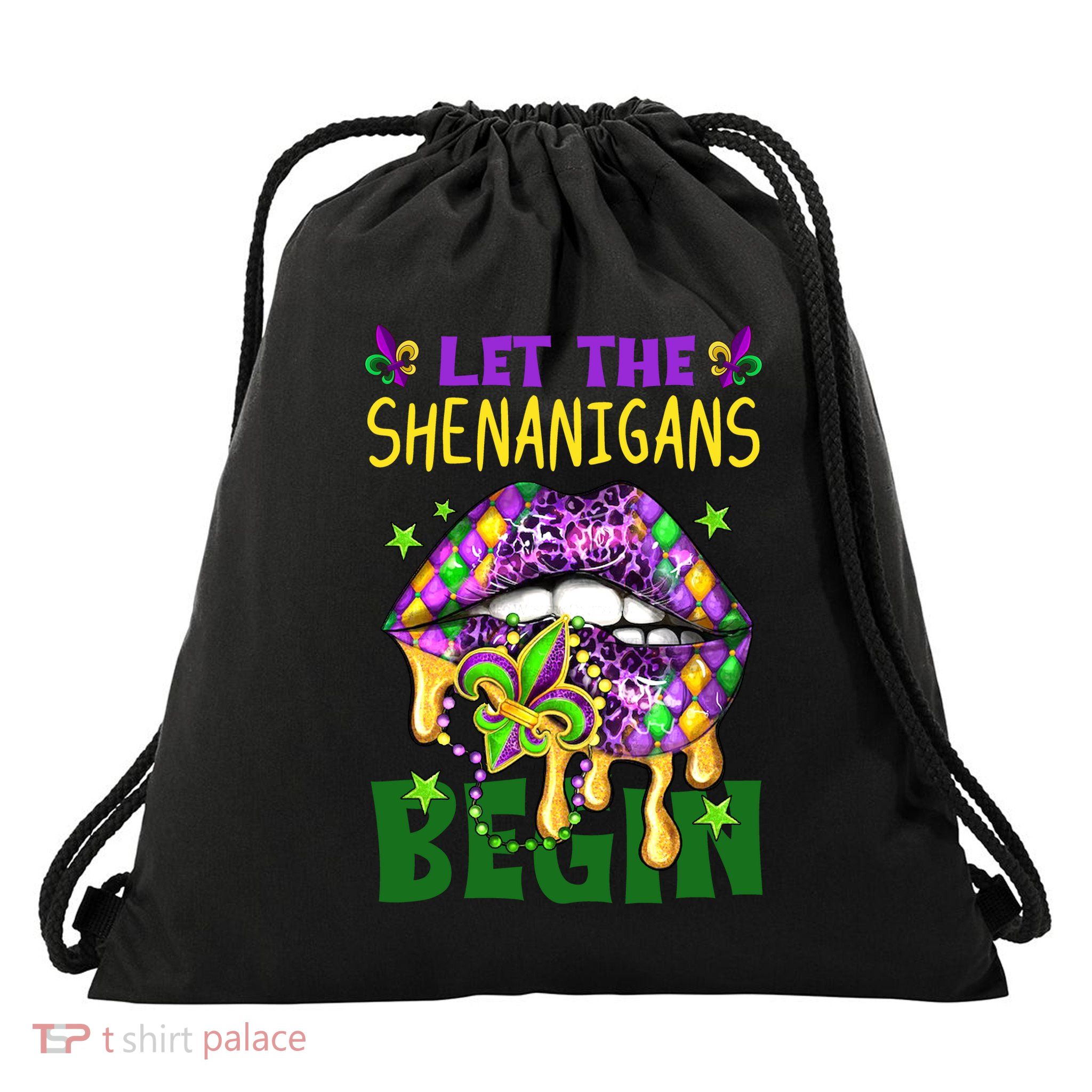 Let The Shenanigans Begin Mardi Gras Lips Drawstring Bag