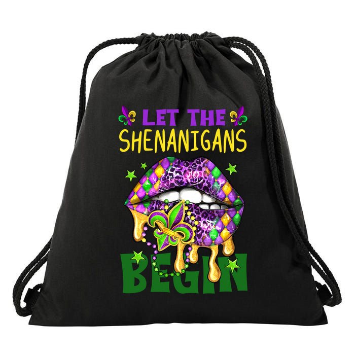 Let The Shenanigans Begin Mardi Gras Lips Drawstring Bag