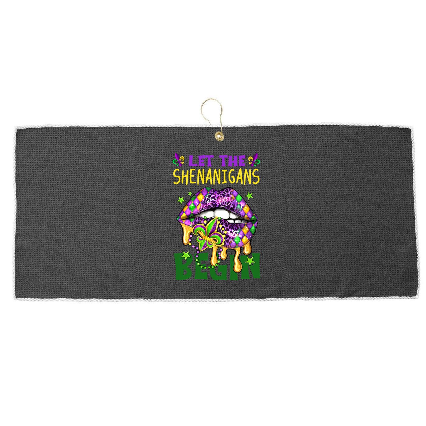 Let The Shenanigans Begin Mardi Gras Lips Large Microfiber Waffle Golf Towel