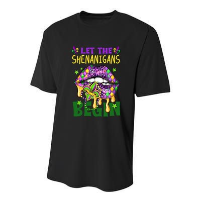 Let The Shenanigans Begin Mardi Gras Lips Youth Performance Sprint T-Shirt