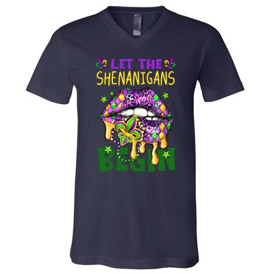 Let The Shenanigans Begin Mardi Gras Lips V-Neck T-Shirt