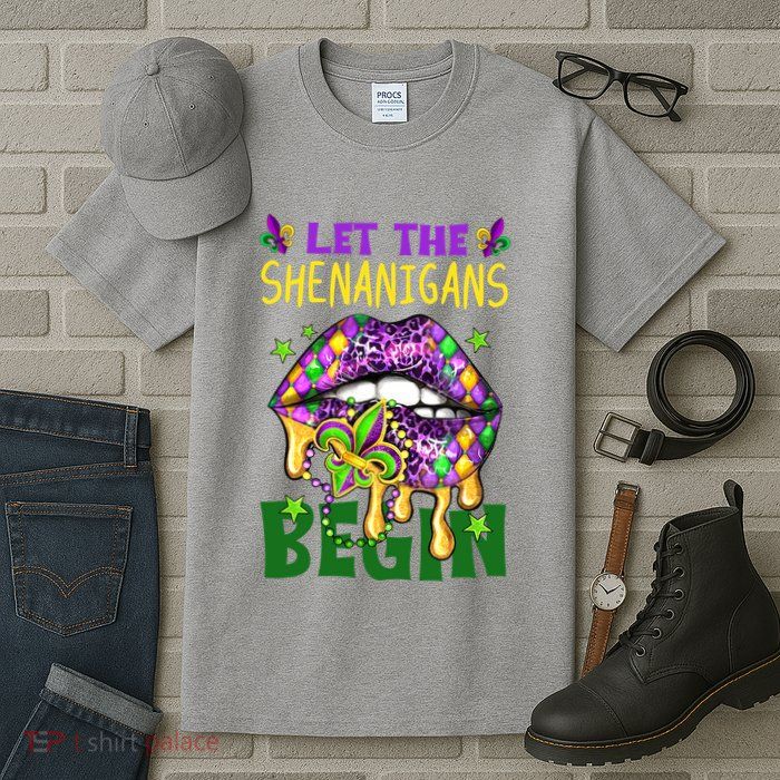 Let The Shenanigans Begin Mardi Gras Lips Tall T-Shirt