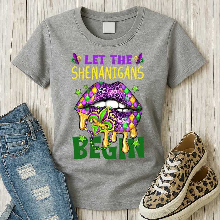 Let The Shenanigans Begin Mardi Gras Lips Womens T-Shirt