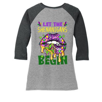 Let The Shenanigans Begin Mardi Gras Lips Women's Tri-Blend 3/4-Sleeve Raglan Shirt