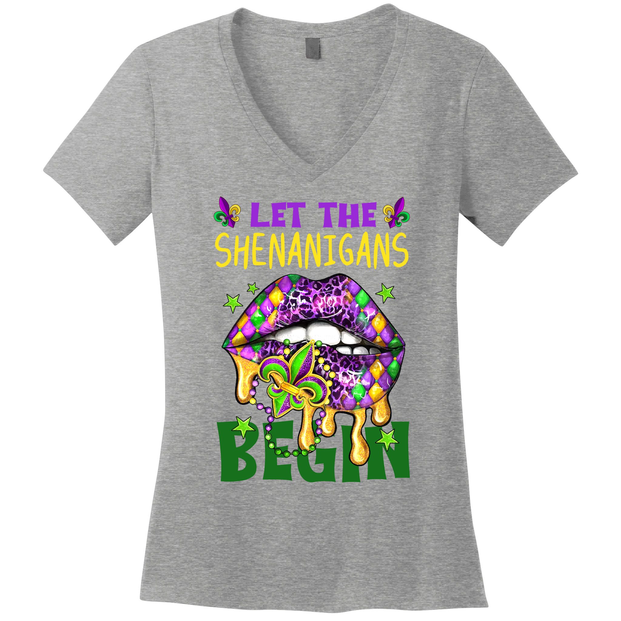Let The Shenanigans Begin Mardi Gras Lips Women's V-Neck T-Shirt