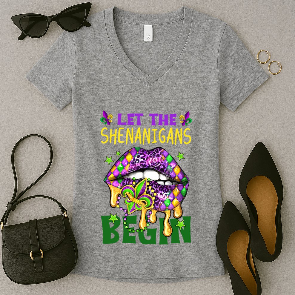 Let The Shenanigans Begin Mardi Gras Lips Women's V-Neck T-Shirt