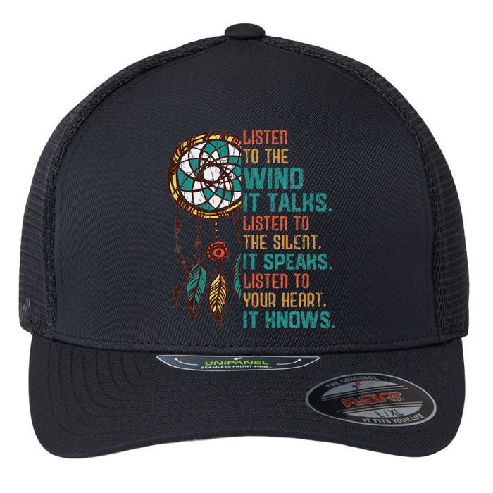 Listen To The Wind It Talks Fun Native American Day Graphic Flexfit Unipanel Trucker Cap