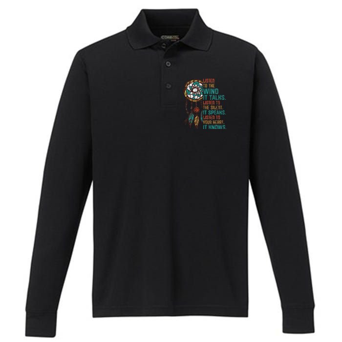 Listen To The Wind It Talks Fun Native American Day Graphic Performance Long Sleeve Polo