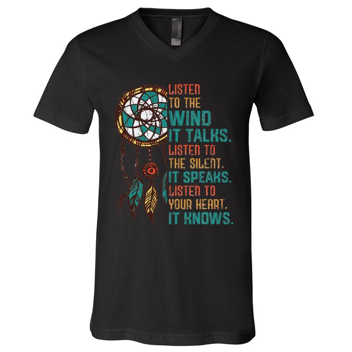 Listen To The Wind It Talks Fun Native American Day Graphic V-Neck T-Shirt