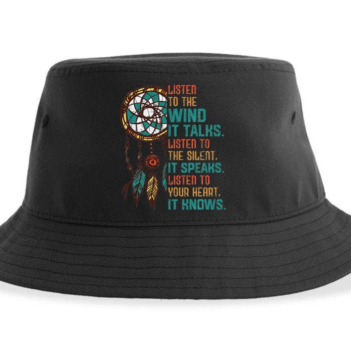 Listen To The Wind It Talks Fun Native American Day Graphic Sustainable Bucket Hat