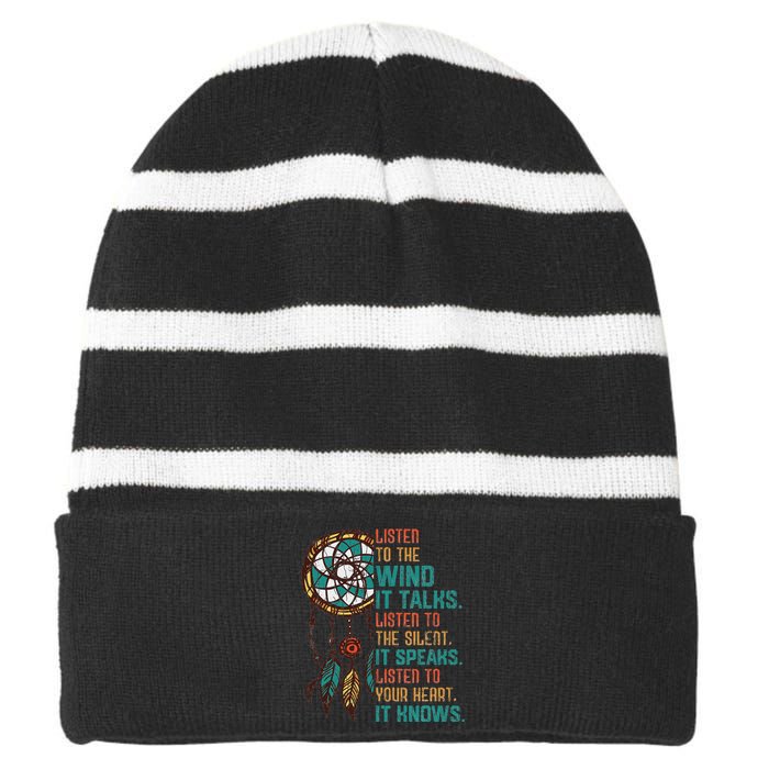 Listen To The Wind It Talks Fun Native American Day Graphic Striped Beanie with Solid Band