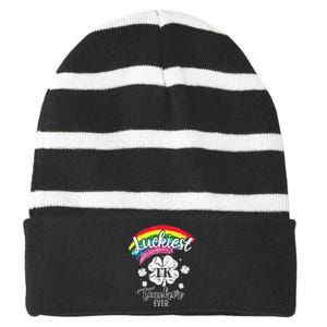 Luckiest TK Teacher Ever Shamrock St Patricks Day Striped Beanie with Solid Band