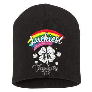 Luckiest TK Teacher Ever Shamrock St Patricks Day Short Acrylic Beanie