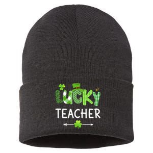 Lucky teacher with shamrock for St Patricks day school Sustainable Knit Beanie