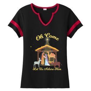 Let Us Adore Him Christmas Advent Nativity Scene North Gift Ladies Halftime Notch Neck Tee