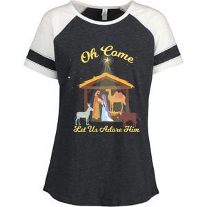 Let Us Adore Him Christmas Advent Nativity Scene North Gift Enza Ladies Jersey Colorblock Tee