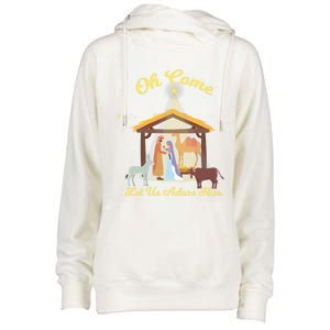 Let Us Adore Him Christmas Advent Nativity Scene North Gift Womens Funnel Neck Pullover Hood