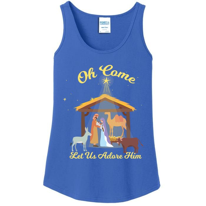 Let Us Adore Him Christmas Advent Nativity Scene North Gift Ladies Essential Tank