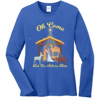 Let Us Adore Him Christmas Advent Nativity Scene North Gift Ladies Long Sleeve Shirt