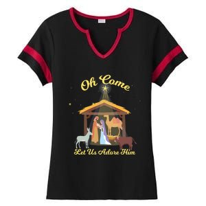 Let Us Adore Him Christmas Advent Nativity Scene North Gift Ladies Halftime Notch Neck Tee