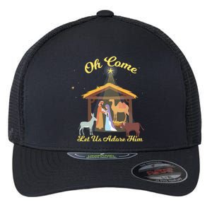 Let Us Adore Him Christmas Advent Nativity Scene North Gift Flexfit Unipanel Trucker Cap