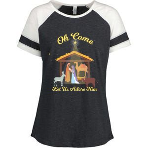 Let Us Adore Him Christmas Advent Nativity Scene North Gift Enza Ladies Jersey Colorblock Tee