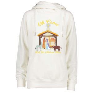 Let Us Adore Him Christmas Advent Nativity Scene North Gift Womens Funnel Neck Pullover Hood