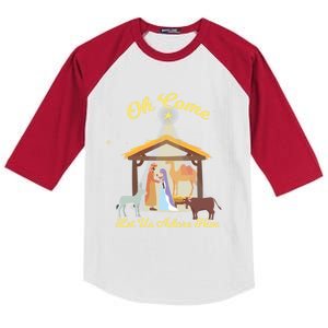 Let Us Adore Him Christmas Advent Nativity Scene North Gift Kids Colorblock Raglan Jersey