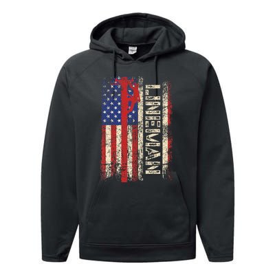 Lineman Us American Flag Patriotic Electrician Dad Performance Fleece Hoodie