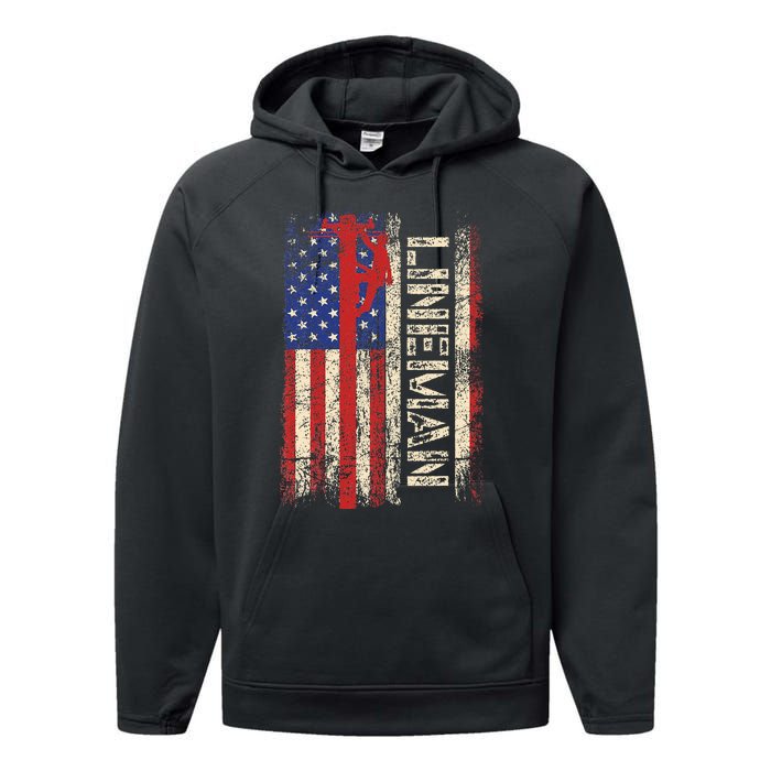 Lineman Us American Flag Patriotic Electrician Dad Performance Fleece Hoodie