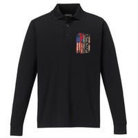 Lineman Us American Flag Patriotic Electrician Dad Performance Long Sleeve Polo