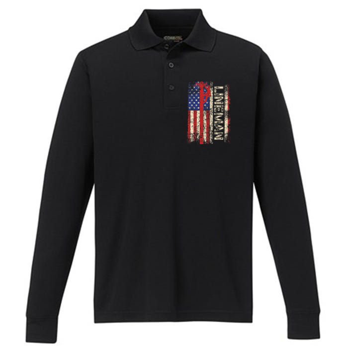 Lineman Us American Flag Patriotic Electrician Dad Performance Long Sleeve Polo