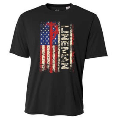 Lineman Us American Flag Patriotic Electrician Dad Cooling Performance Crew T-Shirt