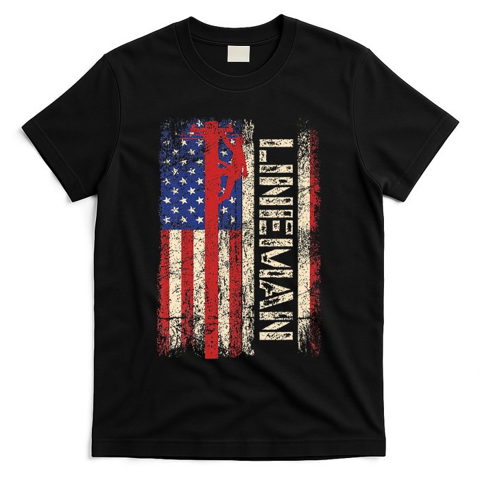 Lineman Us American Flag Patriotic Electrician Dad T-Shirt