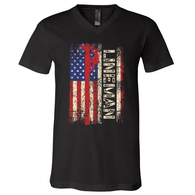 Lineman Us American Flag Patriotic Electrician Dad V-Neck T-Shirt