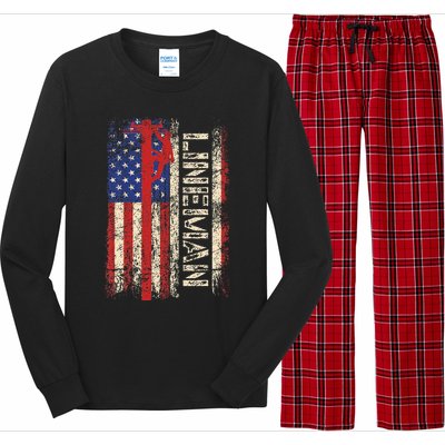 Lineman Us American Flag Patriotic Electrician Dad Long Sleeve Pajama Set