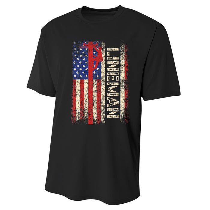 Lineman Us American Flag Patriotic Electrician Dad Performance Sprint T-Shirt