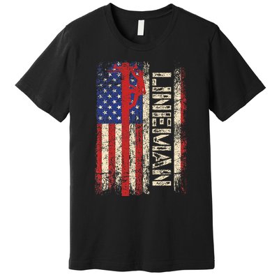 Lineman Us American Flag Patriotic Electrician Dad Premium T-Shirt