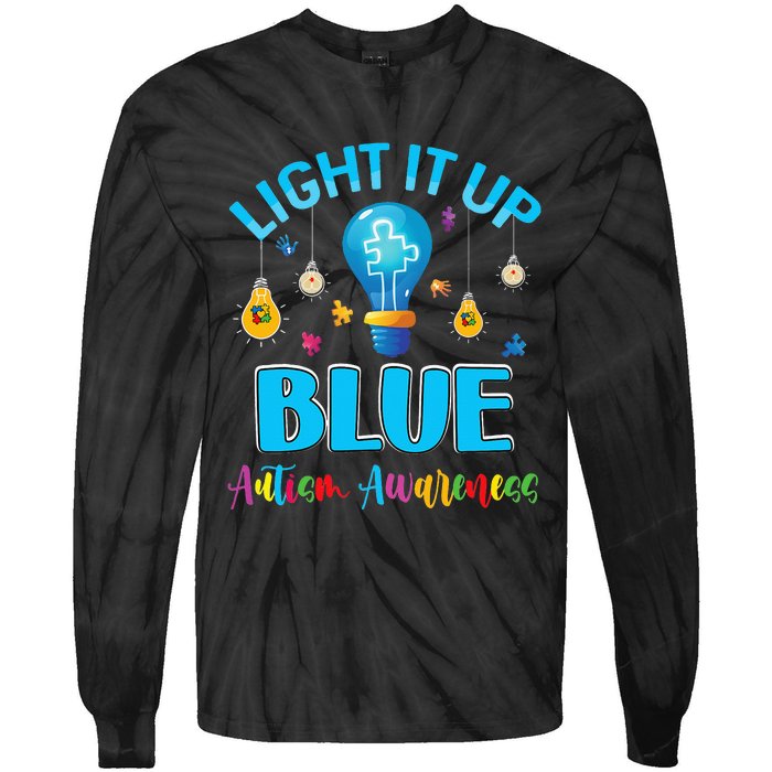 Light Up Blue Autism Awareness Puzzle For Mom Tie-Dye Long Sleeve Shirt