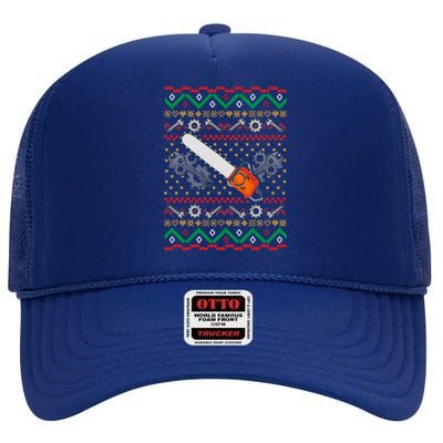 Lumberjack Ugly Christmas Sweater Chainsaw Lover Gift High Crown Mesh Back Trucker Hat