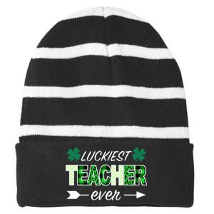 Luckiest Teacher Ever Striped Beanie with Solid Band