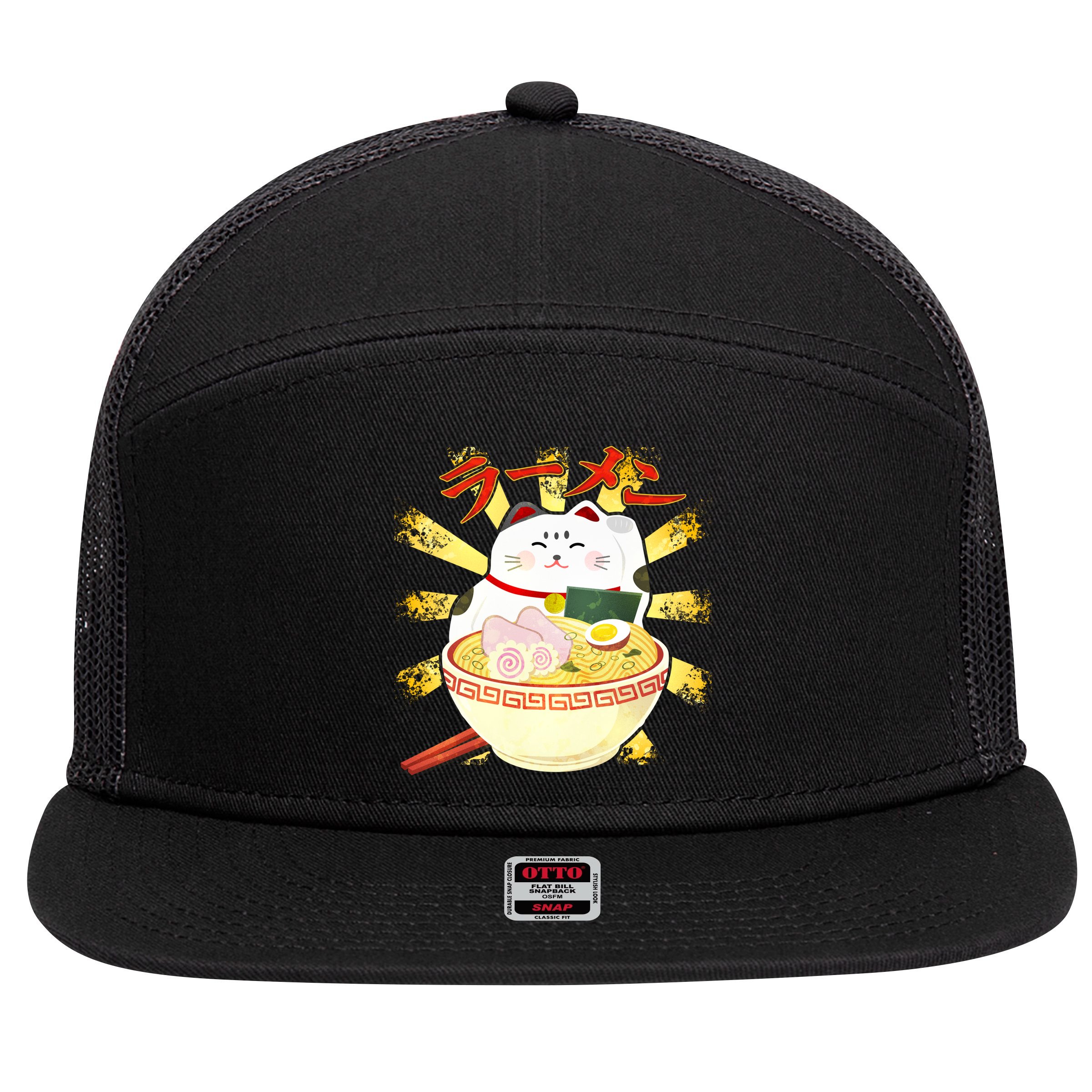 Lucky Cat Ramen Japanese 7 Panel Mesh Trucker Snapback Hat